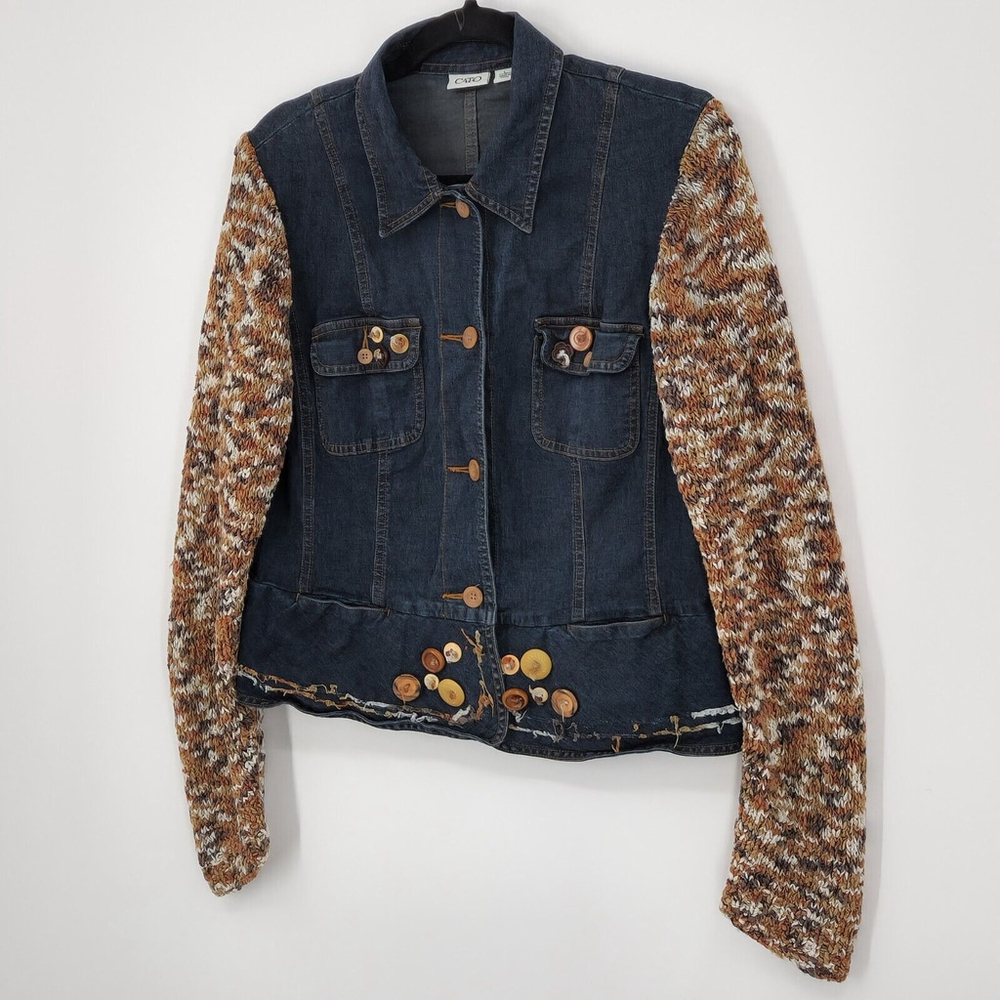 Denim Jacket Knit Long Sleeves Buttons Eclectic Bohemian Retro Thick Stitch L - Picture 2 of 12